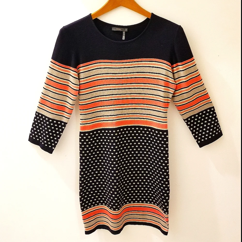 THML Navy Dot Coral & Tan Stripe ¾ Sleeve Crewneck Dress Sz M
